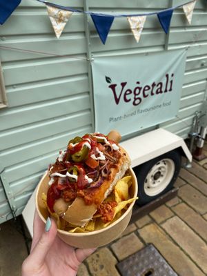 Delicious loaded hot dog!  at Veġetali in Alnwick