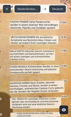 Speisekarte übersetzt auf Deutsch  at Anaya Foods in The Hague