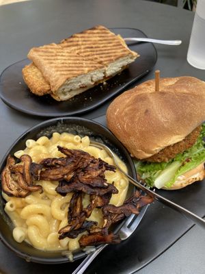 Coconut burger, Mac and cheese and eggplant panini  at Green Bar and Kitchen in Fort Lauderdale
