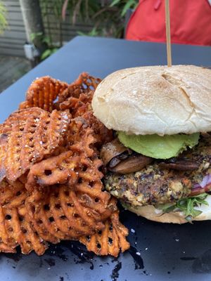 GBK burger with added shrooms and sweet potato fries at Green Bar and Kitchen in Fort Lauderdale
