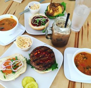 burgers, soup of the day, and cold brewed coffee  at Green Bar and Kitchen in Fort Lauderdale