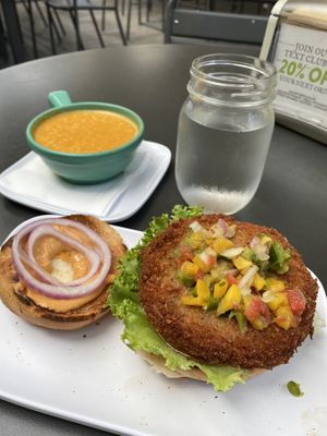 Coconut burger with mango salsa and Thai basil soup.  at Green Bar and Kitchen in Fort Lauderdale