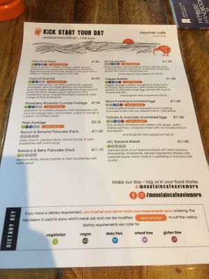 Breakfast menu (8:30am-12pm) at Mountain Cafe in Aviemore