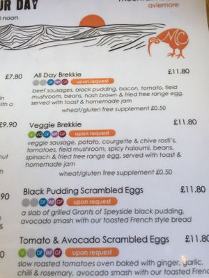Menu at Mountain Cafe in Aviemore