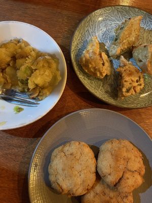 barkartoffel with mushrooms, tofu isi, coconut cookies (highly recommended!)  at Romlan Guesthouse in Samosir