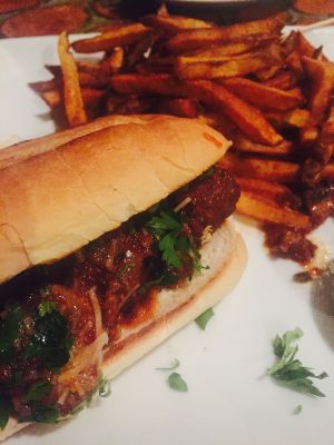 Meatless gardein sub and what I suspect to be brown sugar fries.  at Bauer's in Modesto