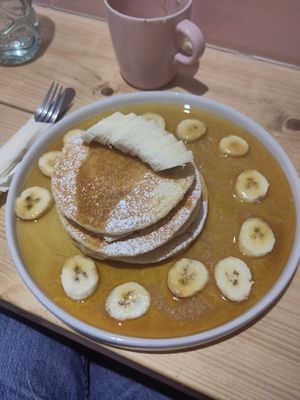 Banana caramel pancakes - this is a huge dinner plate size! at Sunday Coffee & Kitchen in Guisborough