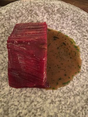 Millefeuille beetroot, umami beurre blanc - vegan   at Hytra in Athens