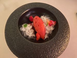 Wild strawberry and lemon balm sorbet - vegan   at Hytra in Athens