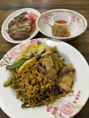 Roast duck, fried chicken, curry, and spicy fish(?)  at Ruean Thong Veg Food in Hua Hin