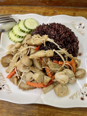 Veggies, mock meat and rice   at Ruean Thong Veg Food in Hua Hin