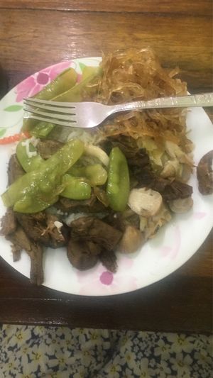 Rice, mushrooms, some vegetables, fake meat and something ( I forgot name ) 55 bath  at Ruean Thong Veg Food in Hua Hin