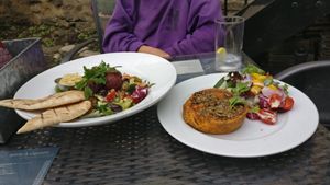 Beetroot falafel salad with humous and vegan vegetable seed pie (GF) at The Punchbowl Inn in Woodstock
