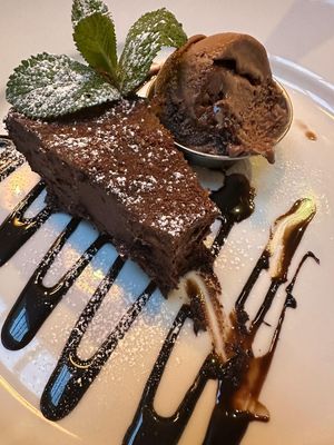 Chocolate Orange Torte with Chocolate ice-cream and warm chocolate sauce.  at The Punchbowl Inn in Woodstock