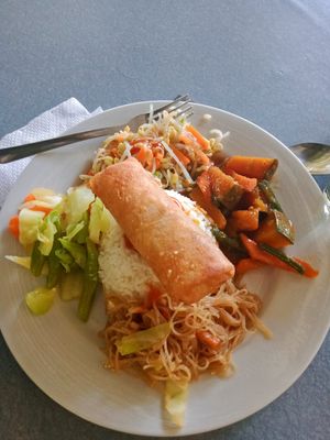 Noodles, veggies, curry and bean shoots dish with spring roll at Andrea's Kawayan Eatery in Panglao