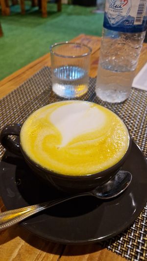 Turmeric latte at All Vegan Cafe' Restaurant in Phuket