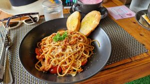 Tomato spaghetti with vegan meat at All Vegan Cafe' Restaurant in Phuket