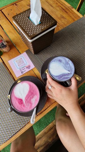 Pink and blue latte at All Vegan Cafe' Restaurant in Phuket