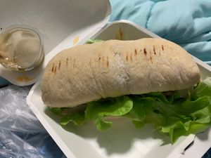 BBQ pulled mushroom panini sandwich. Not bad but too much raw onion    at All Vegan Cafe' Restaurant in Phuket