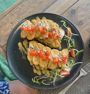 Avocado and tofu toast with peanut sauce   at All Vegan Cafe' Restaurant in Phuket