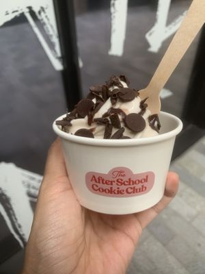 Vegan ice cream and chocolate buttons on top  at After School Cookie Club - Borough Yards in London