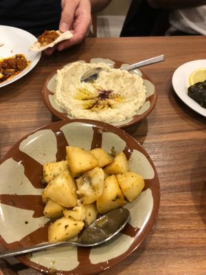 Garlic potatos and babaganoush at Shamiat Authentic Syrian Restaurant in Northcote