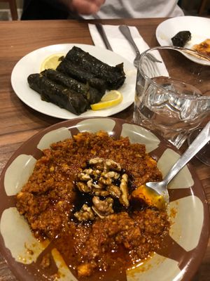 Muhammara and dolmades at Shamiat Authentic Syrian Restaurant in Northcote