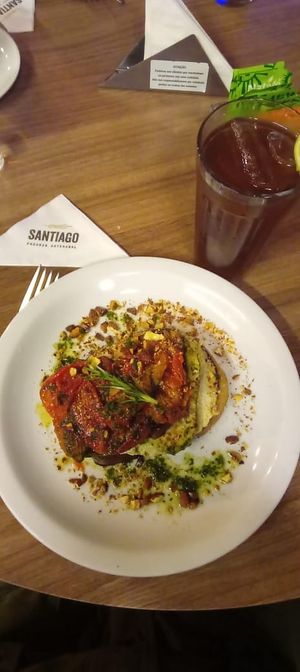 Toast vegano (pasta de castanha de caju, pesto de manjericão, abobrinha, berinjela e tomate assado  at Santiago Padaria Artesanal  in Sao Paulo