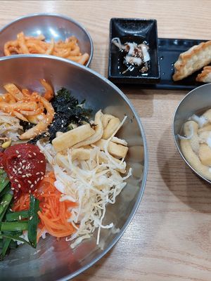 Vegan bibimbab (the owner ask me about the spice sauce before serving it) and vegan dumpling. at Daejeob - 대접 in Gwangju
