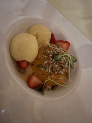 Apricot with pumpkin seeds and sorbet  at LaFrida Restaurant in Cabo San Lucas