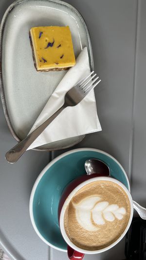 Vegan cake & coffee with coconut milk   at More Bakery & Cafe in Budapest