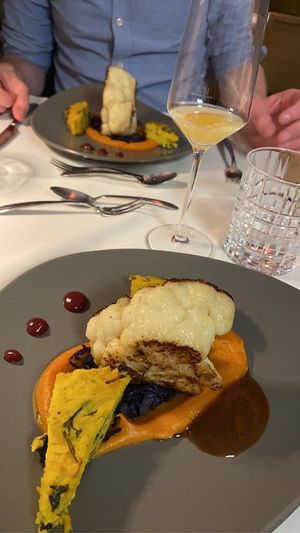 Cauliflower steak with sweet potato puree and fried polenta at Jedermann in Strasskirchen