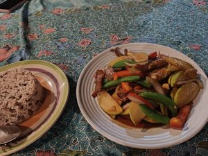 Stir fry with mock meat duck and apple at Cha Chai Home in Koh Phayam