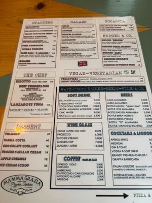 Menu at Mamma Grazia in Fuerteventura