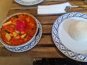 Red curry soup with pineapple, red pepper and tofu. at Rice Bowl in Oslo