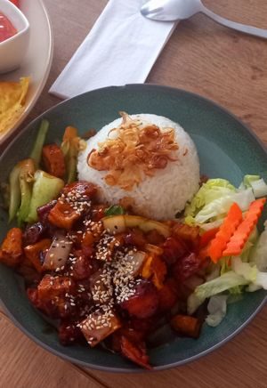 đậu hũ kho (rice with tofu and veggies) 15,90€ at Mâm Chay in Dusseldorf