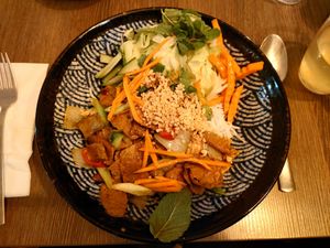 Hauptgericht mit veganen marinierten Schnetzeln und Reisnudeln at Mâm Chay in Dusseldorf
