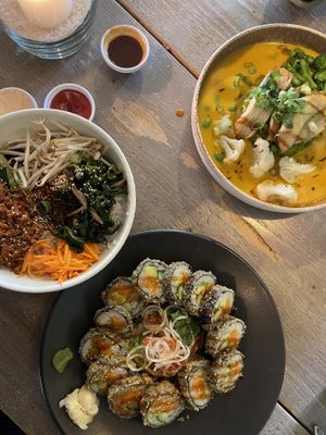 bibimbap, king oyster mushroom curry and crunchy sweet potato sushi  at Chay Chay by royals and rice in Muenster