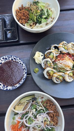 chay chay chili noodles, eggplant sushi, bibimbap  at Chay Chay by royals and rice in Muenster