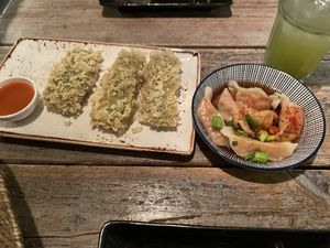 Green rice sticks, steamed korean dumplings, Matcha Lemonade   at Chay Chay by royals and rice in Muenster