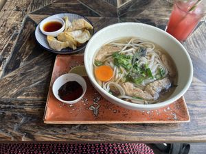 Crispy Dumplings, Pho soup & Strawberry lemonade   at Chay Chay by royals and rice in Muenster