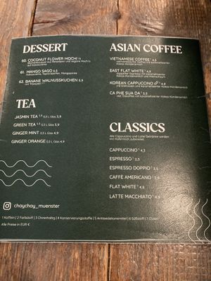 Menu July 2025 - Desserts and hot drinks  at Chay Chay by royals and rice in Muenster