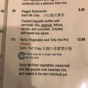 menu at Taste of Saigon in Calgary