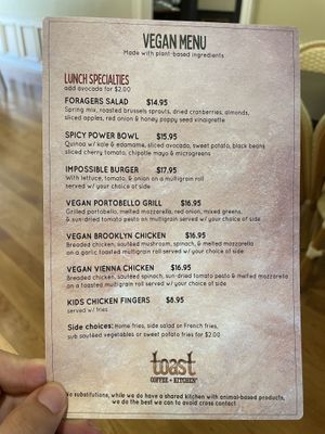 lunch side of the vegan menu  at Toast Coffee + Kitchen in Long Beach