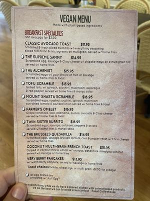 breakfast side of the vegan menu  at Toast Coffee + Kitchen in Long Beach