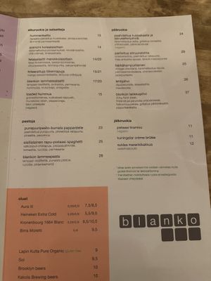 Menu in Finnish  at Blanko in Turku