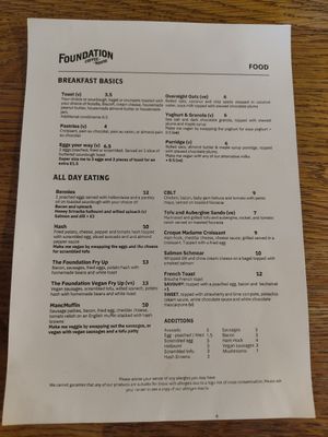 Food Menu, Vegan options clearly marked. at Foundation Coffee House in Manchester