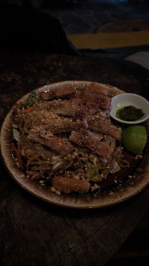 Tofu katsu pad Thai at El Búho in San Marcos La Laguna
