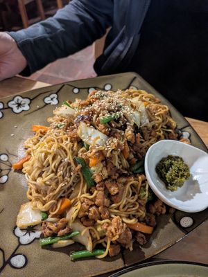 Yakisoba with soy meat at El Búho in San Marcos La Laguna
