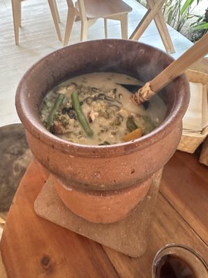 Mungbean stew - they keep warm at the table with hot coals. We fought over the last drop!  at PLNT+HRVST in El Nido